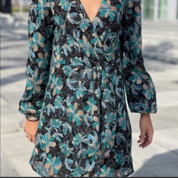 SANDRO Dress Sequins blue Flowers Sz 40 Gold - Picture 2 of 13